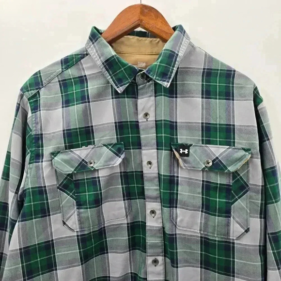 Under Armour Green Plaid Elbow Patch Button Lovesleeve Utility Shirt Large - Picture 3 of 7